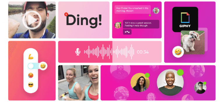 collage of various images of chat features. Examples are audio recording, emojis, group chat icons, GIFS, chats, videos, and images