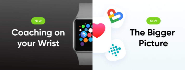 Banner Image showing how fitness apps are compatible with your smart watch as well. Half the banner shows a smart watch and the other half of the image shows different fitness icons.