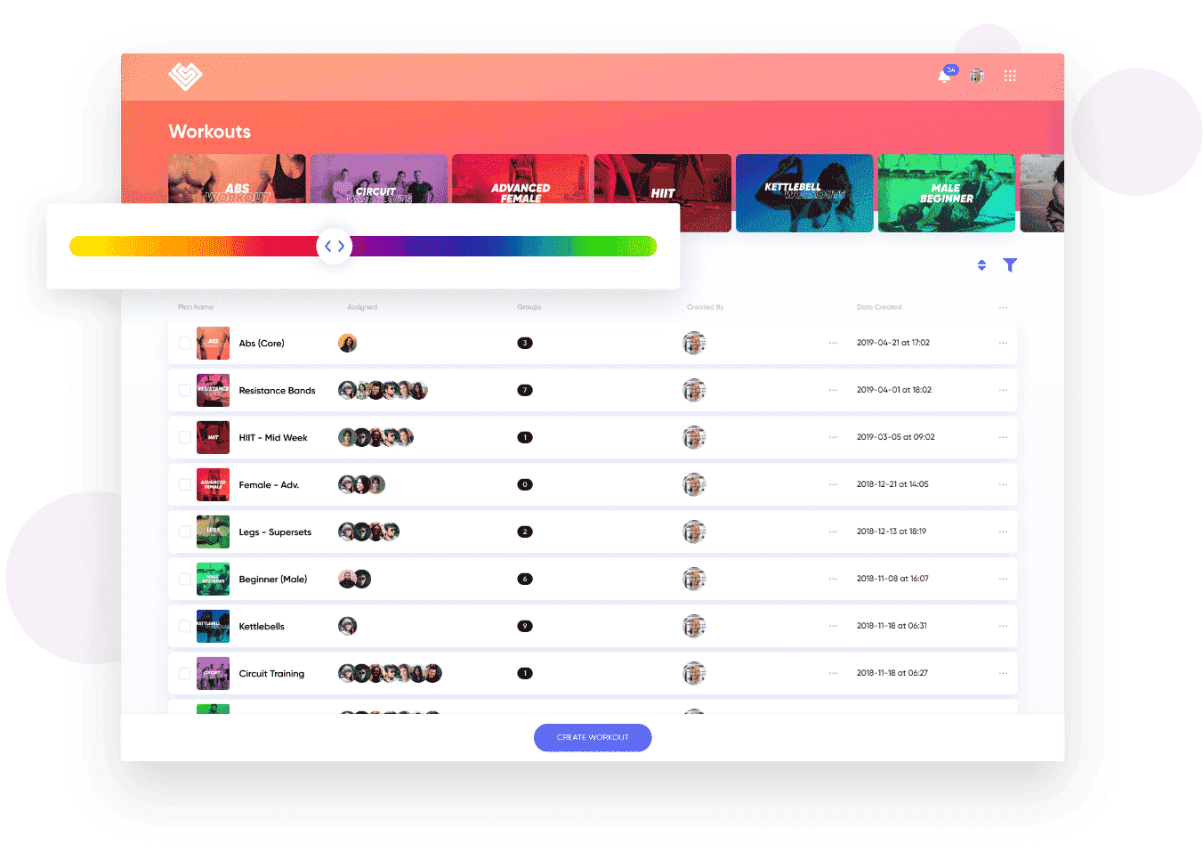 screenshot of the workouts tab