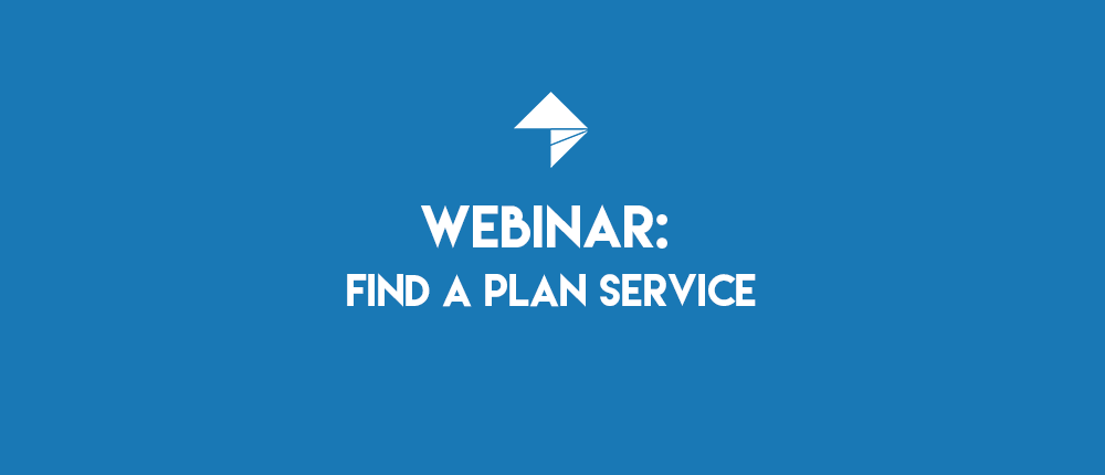 Blue Background with the words "Webinar: Find a Plan Service" in white color along with the My PT Hub Flag