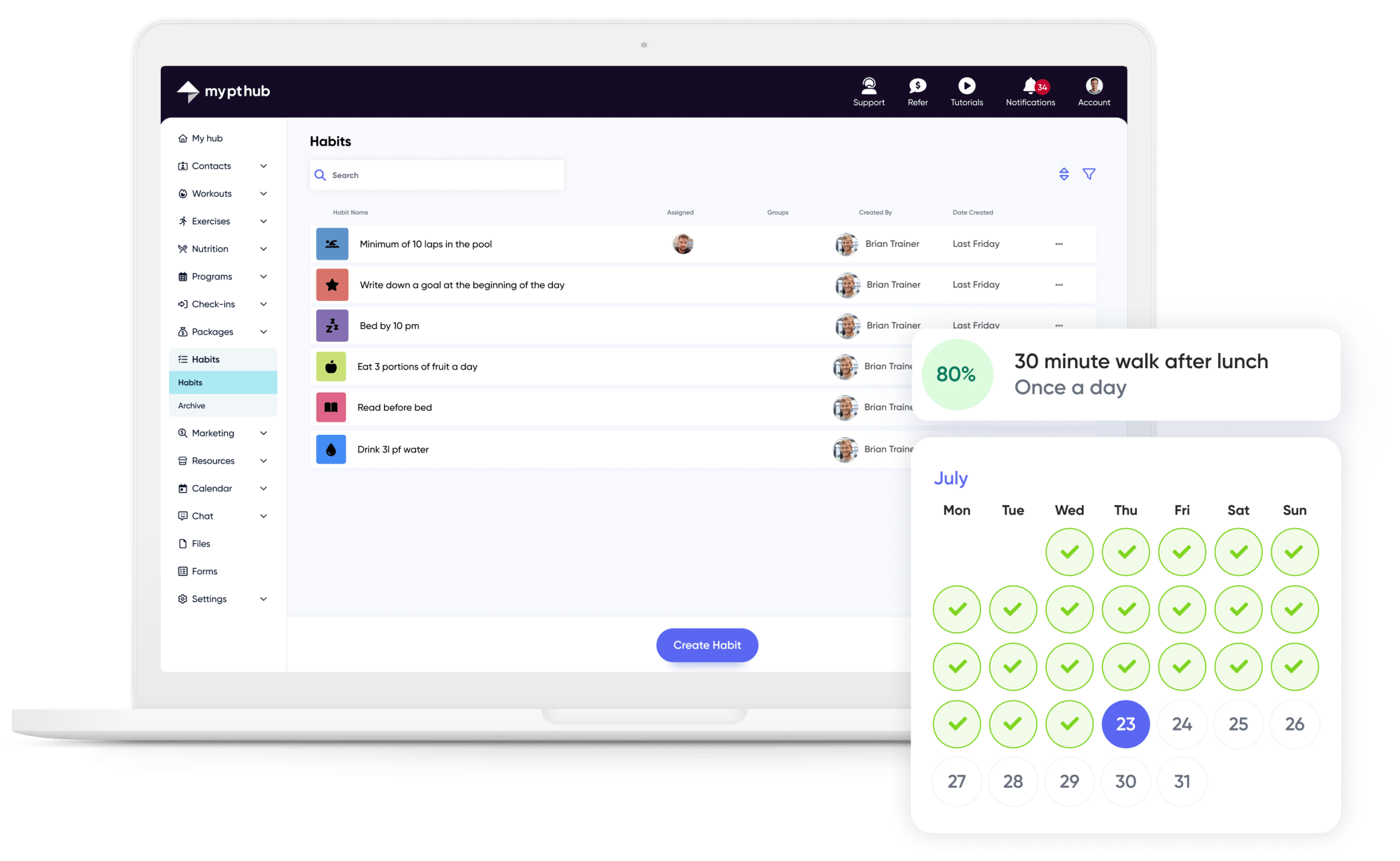 Habit tracker tool displayed on a laptop with a habit list, goal completion progress and calendar view for fitness coaches.