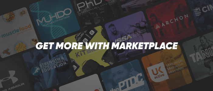 Background full of different fitness logos and images with the words "Get More With Marketplace" on top in white color