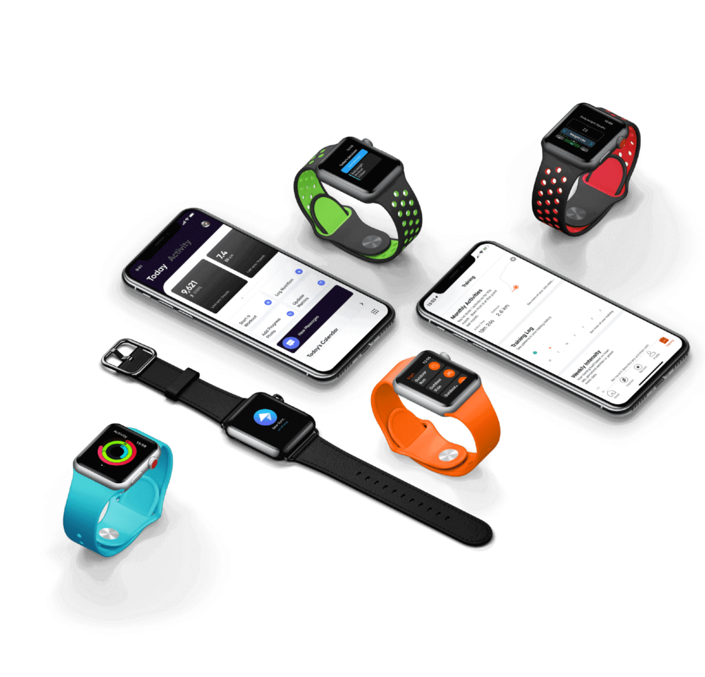 Image of 2 iPhones and 5 smart watches, all showing different screens relating to workouts