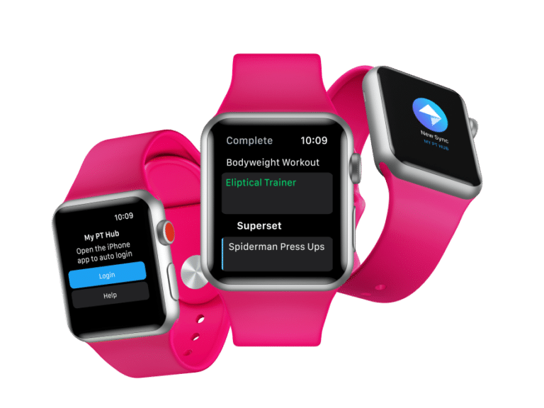 3 pink watches showing different workout screens