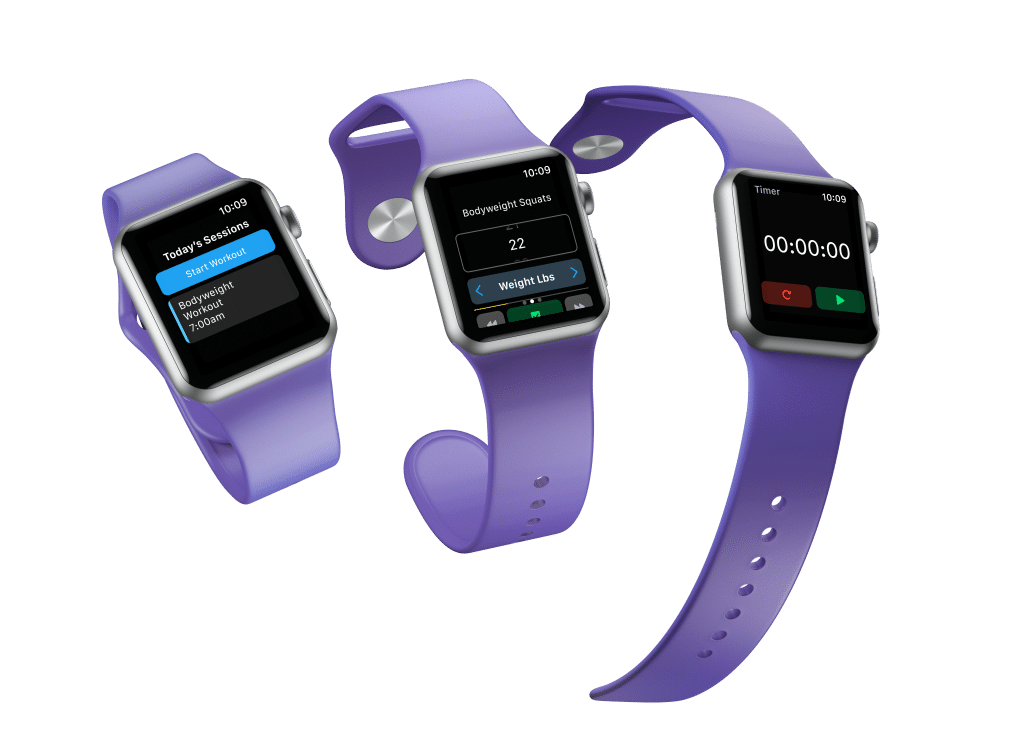 3 purple smart watches showing different screens