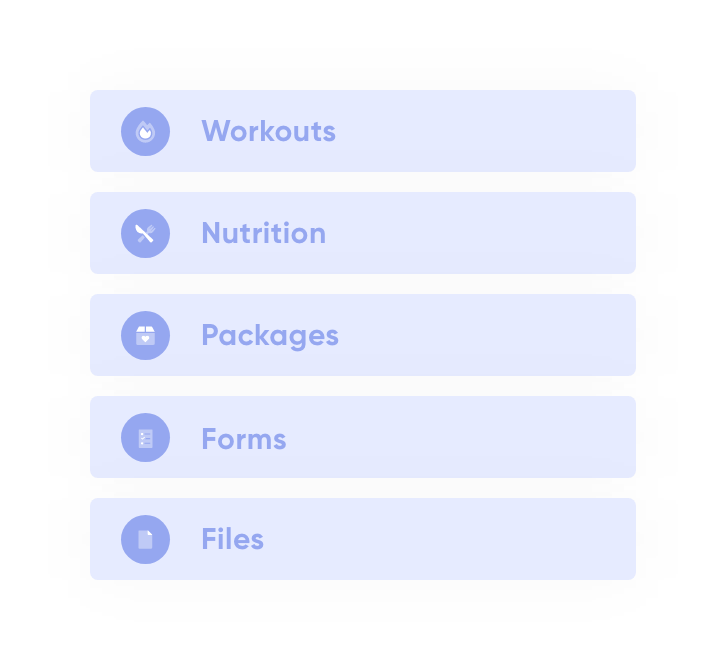 Image of different tabs that a user can select (Workouts, Nutrition, Packages, Forms, and Files)