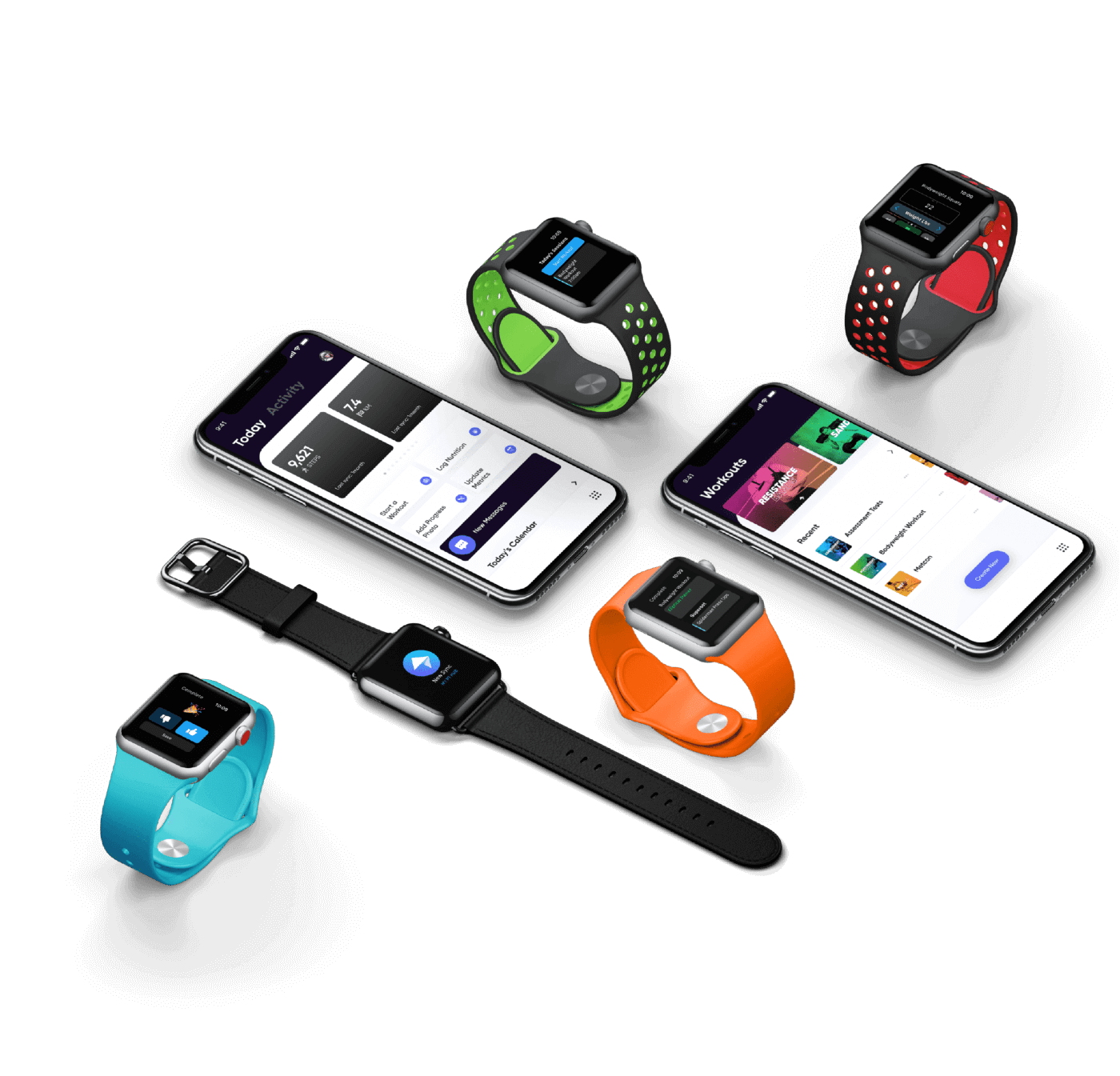 image of 2 iPhones and 5 smart watches all showing different screens relating to workouts